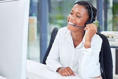 Buy stock photo Black woman, call center and smile for telemarketing, customer service or support by computer at the office. Happy African American female consultant in communication or contact us for online advice
