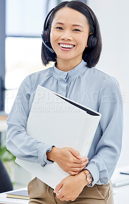 Buy stock photo Portrait, portfolio or happy manager in a call center with a smile or file documents in customer services. Woman, contact us or Japanese telemarketing sales agent in leadership at technical support