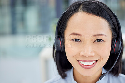 Buy stock photo Call center, customer service and woman portrait with a smile for consulting online for CRM or contact us. Face of happy person at help desk for telemarketing, sales support and communication space