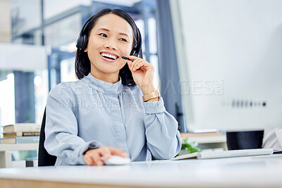 Buy stock photo Call center, customer service and woman at computer while consulting online for CRM, contact us or sales website. Asian person at help desk for telemarketing, support and communication with a smile