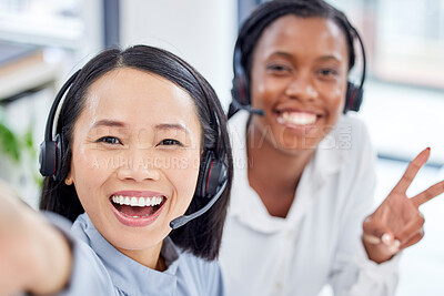 Buy stock photo Call center woman, selfie and teamwork with friends, diversity and happiness in crm workplace. Customer support agent team, consultant group and peace with women, african and asian with solidarity