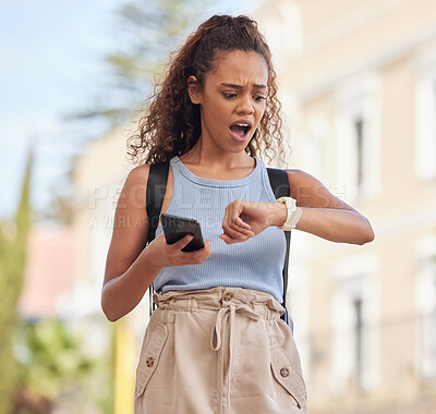 Buy stock photo Shocked, time and watch of woman student with schedule, time management or late application for university. Exam deadline, date and college person on smartphone, digital clock for stress and anxiety