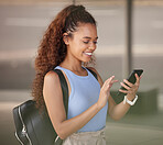 Phone, backpack and happy woman networking in city while on a walk or commuting to college. Happiness, smile and female university student from Mexico browsing on social media with cellphone in town.