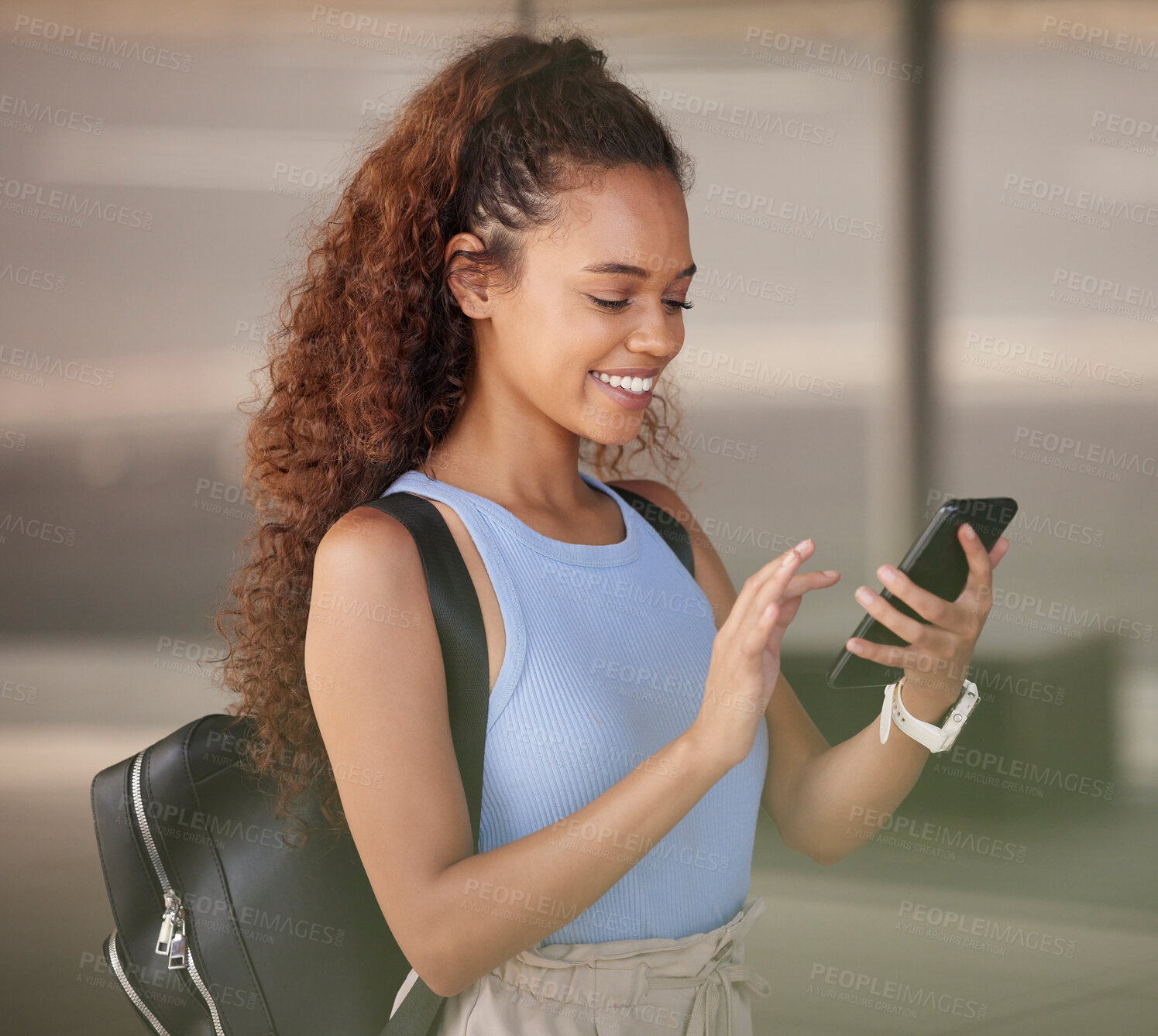 Buy stock photo Phone, student and happy woman networking in city while on a walk or commuting to college. Happiness, smile and female university girl from Mexico browsing on social media with cellphone in town.