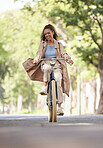 Travel, bicycle and black woman with smile, transport and fitness with cycling, commute and nature. African American female, bike and happy lady outdoor, adventure and riding on weekend break and fun