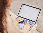 Laptop, mockup and woman typing outdoor on social media, email and internet. Hands, person and screen space on computer keyboard, website and seo tech for research, online connection or remote worker