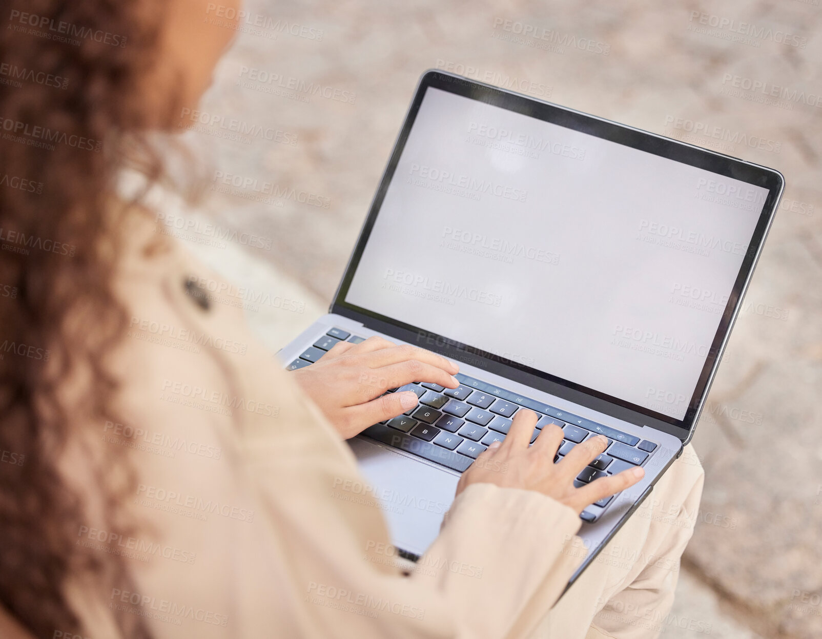 Buy stock photo Laptop, mockup and woman typing outdoor on social media, email and internet. Hands, person and screen space on computer keyboard, website and seo tech for research, online connection or remote worker