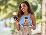 Coffee, phone and black woman typing at park, outdoors or outside. Cellphone, tea or happy female with caffeine while texting, social media or networking, scrolling or messaging on mobile smartphone.