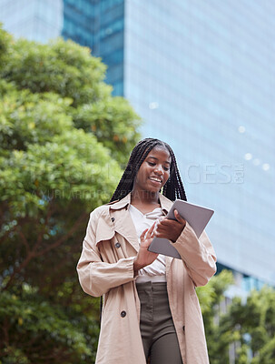 Buy stock photo Tablet, business street and black woman in city, internet browsing or research. Tech, employee and low angle of happy female with touchscreen for reading email, networking or social media outdoors.