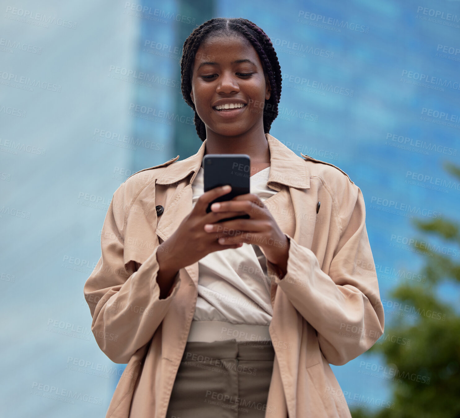 Buy stock photo Phone, business and black woman typing in city, internet browsing or social media. Technology, cellphone or female employee with 5g mobile smartphone for research, networking or web scrolling in town