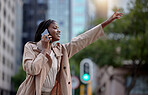 Travel, phone call and black woman with hand for taxi, cab and signal transport service in New York city street. Urban commute, business and girl on smartphone for network, communication and strategy