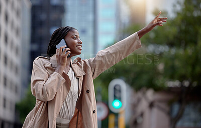 Buy stock photo Travel, phone call and black woman with hand for taxi, cab and signal transport service in New York city street. Urban commute, business and girl on smartphone for network, communication and journey