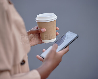 Buy stock photo Business phone, hands and black woman with coffee, internet browsing or social media. Mobile, tea and female employee with smartphone for networking or web scrolling isolated on a gray background.