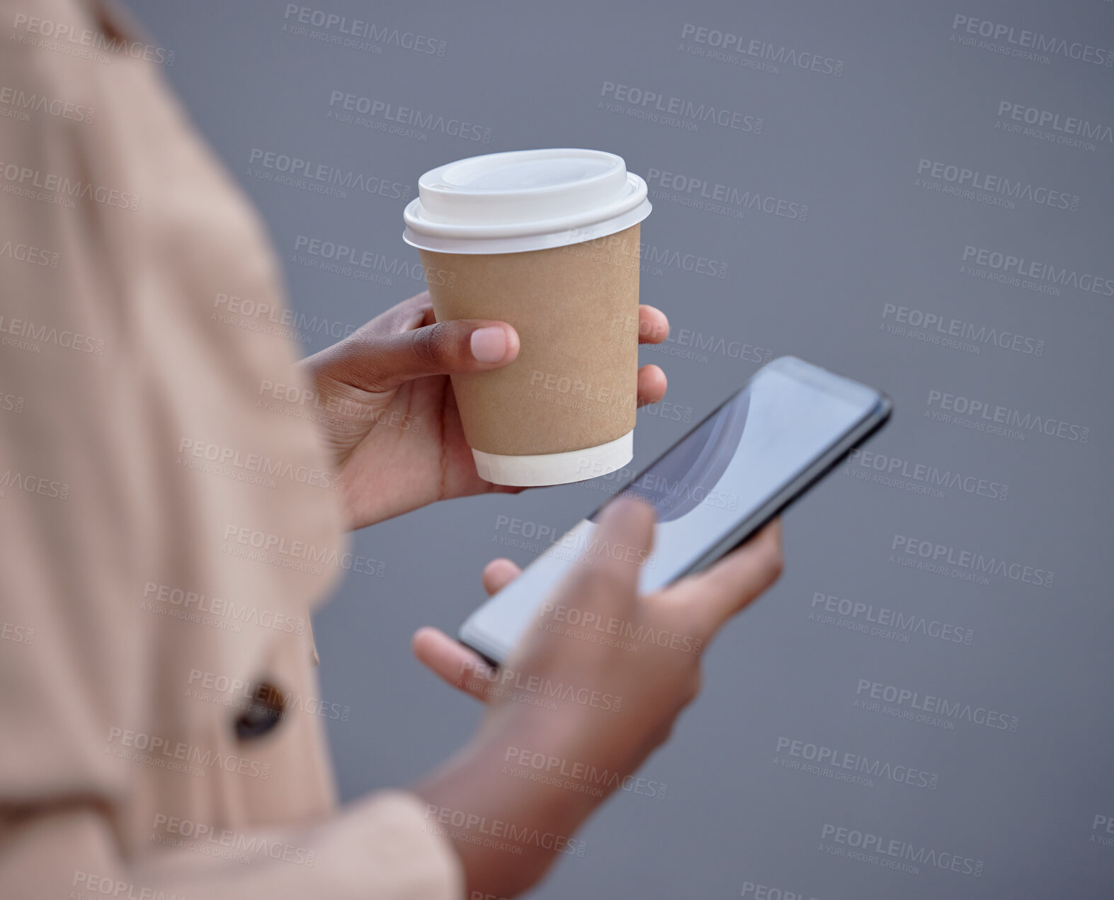 Buy stock photo Business phone, hands and black woman with coffee, internet browsing or social media. Mobile, tea and female employee with smartphone for networking or web scrolling isolated on a gray background.