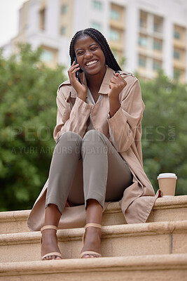 Black woman, phone call and celebration in city for success, deal or promotion opportunity goals. Excited business person happy about prize, bonus or winning competition while outdoor on stairs