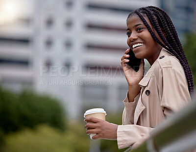 Buy stock photo Travel, business phone call and black woman in city for communication, networking and b2b planning. Corporate work, urban commute and girl entrepreneur walking, talking and discuss strategy outdoors