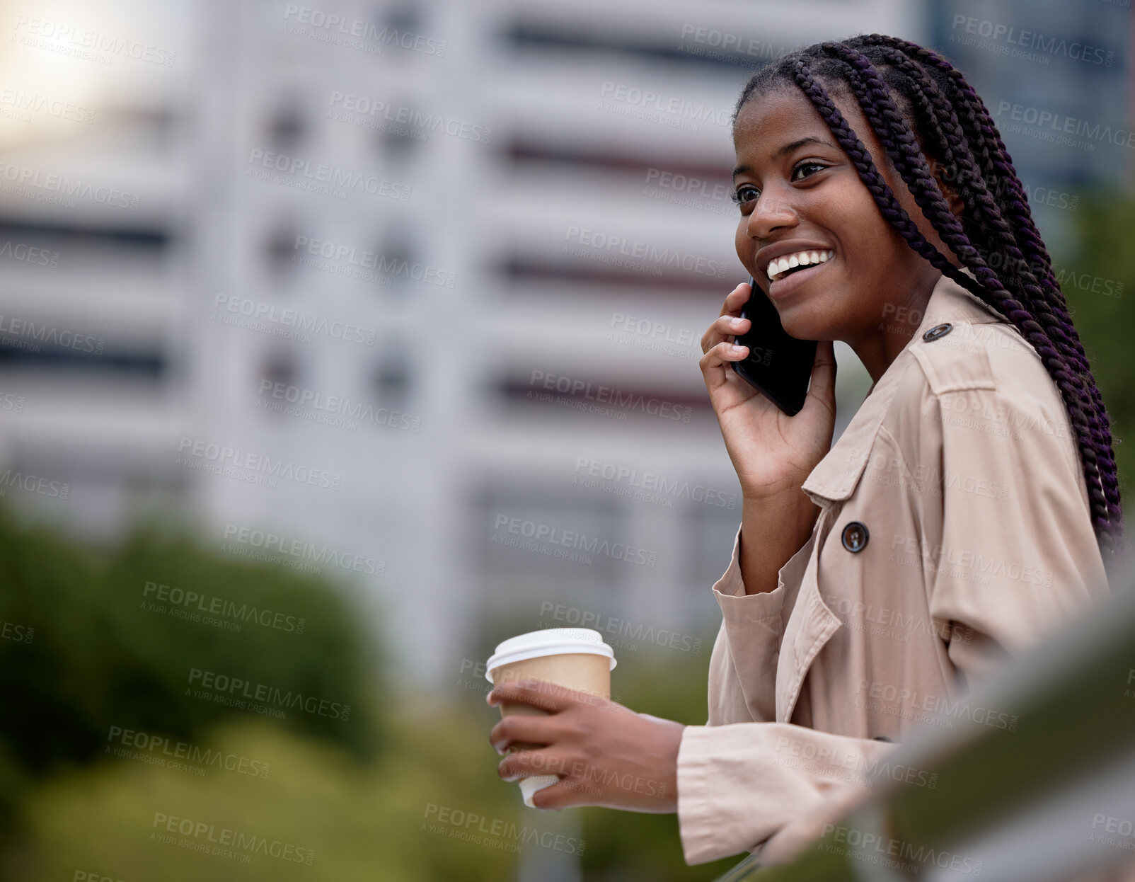 Buy stock photo Travel, business phone call and black woman in city for communication, networking and b2b planning. Corporate work, urban commute and girl entrepreneur walking, talking and discuss strategy outdoors