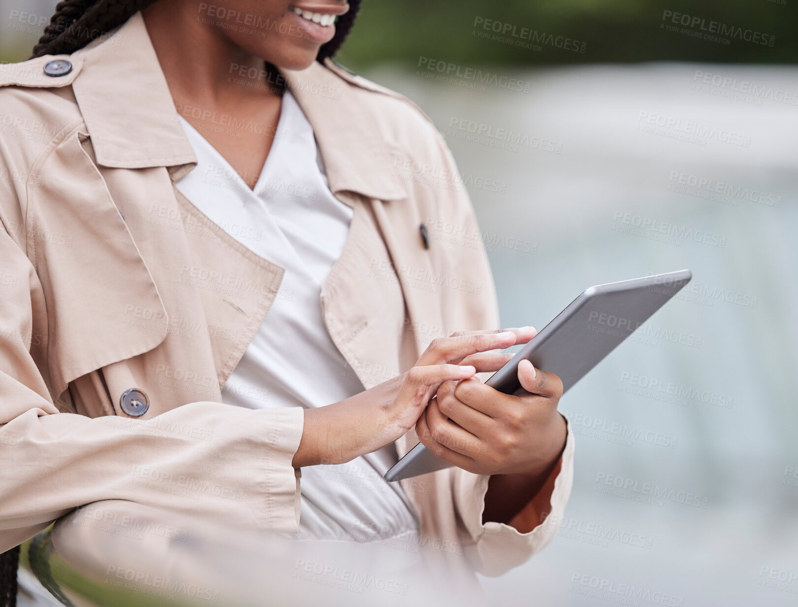 Buy stock photo Business tablet, hands and black woman in city, internet browsing or research. Technology, employee and happy female with touchscreen for reading email, networking or social media in town outdoors.