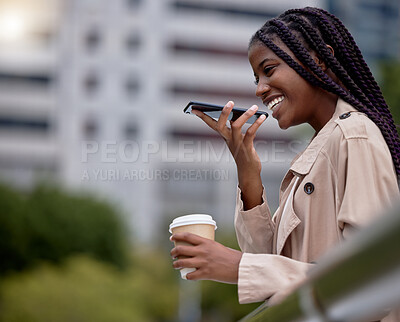 Buy stock photo Business, phone call and black woman in city for networking, communication and in conversation. Corporate worker, travel commute and girl recording voice note, walking and talking in New York street