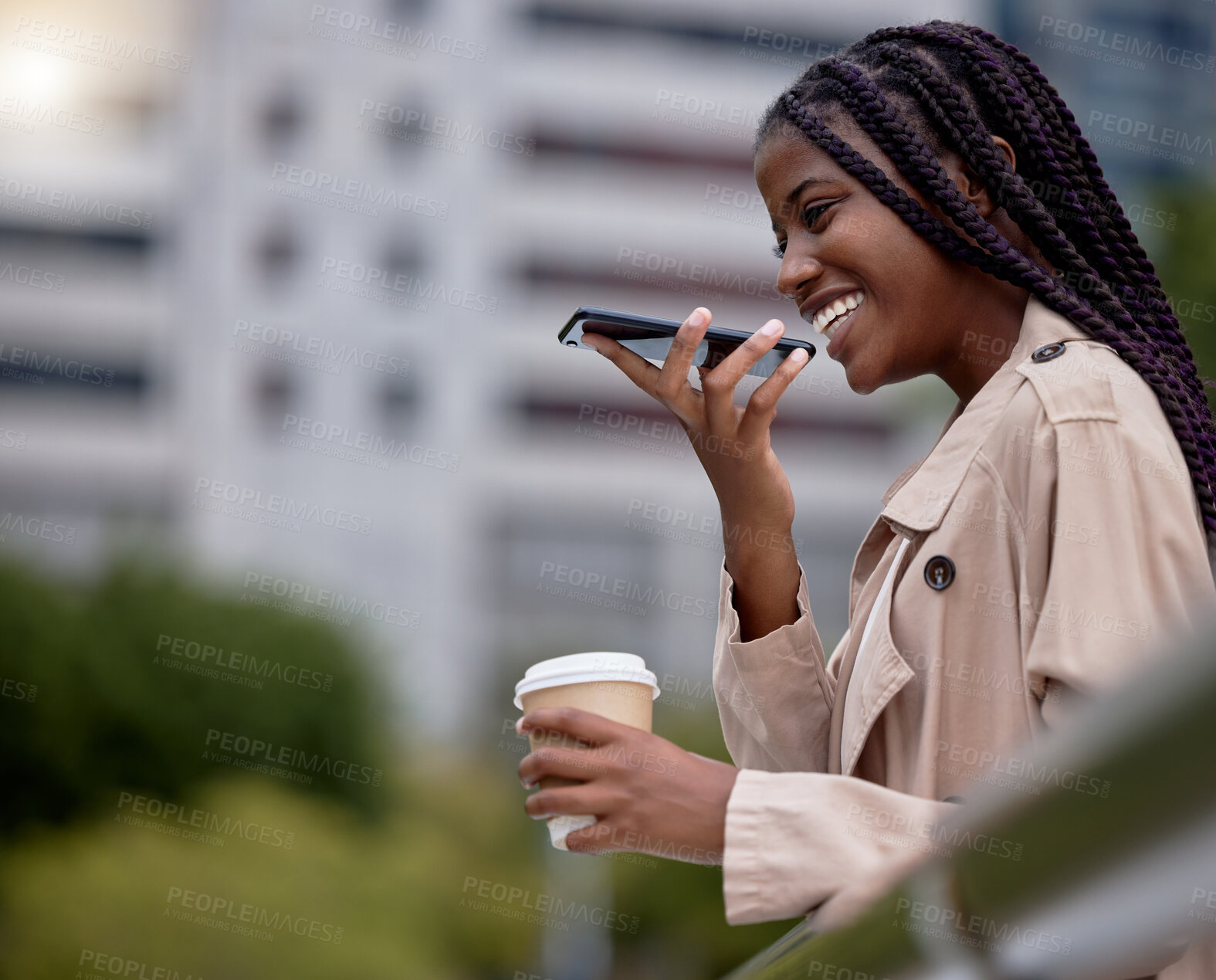 Buy stock photo Business, phone call and black woman in city for networking, communication and in conversation. Corporate worker, travel commute and girl recording voice note, walking and talking in New York street