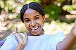 Black woman, shopping and portrait smile for selfie, social media or post in the outdoor park holding bags. Happy African American female shopper, vlogger or influencer smiling for profile picture