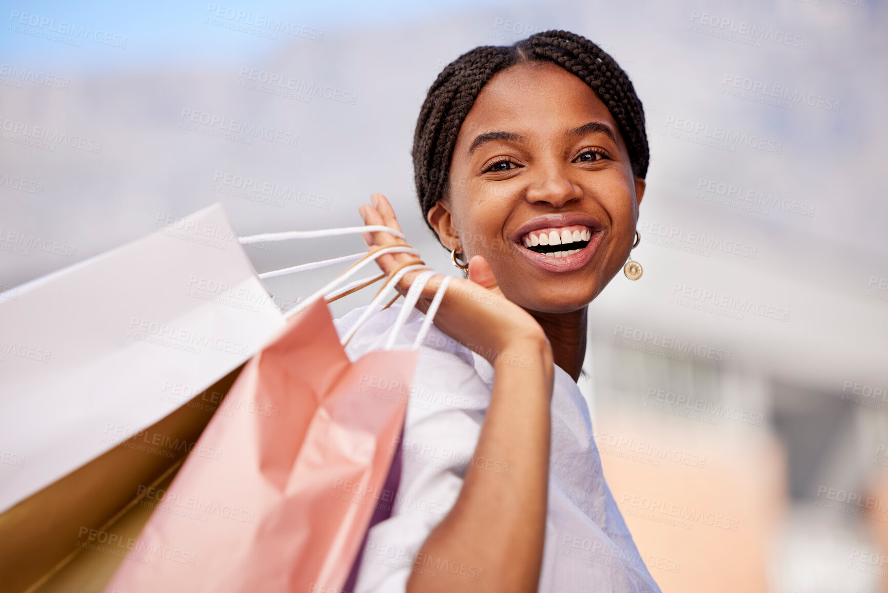 Buy stock photo Shopping bag, black woman and smile portrait outdoor with retail bags after sale and sales promotion. Happy, customer and excited young person in nature feeling freedom after deal and mall discount