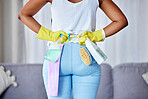 Woman, back and hands with cleaning detergent, spray or products for housework, hygiene or domestic at home. Female cleaner, maid or housekeeper holding clean kit, tools or equipment for service