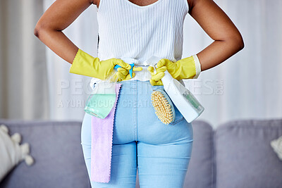 Buy stock photo Woman, back and hands with cleaning detergent, spray or products for housework, hygiene or domestic at home. Female cleaner, maid or housekeeper holding clean kit, tools or equipment for service