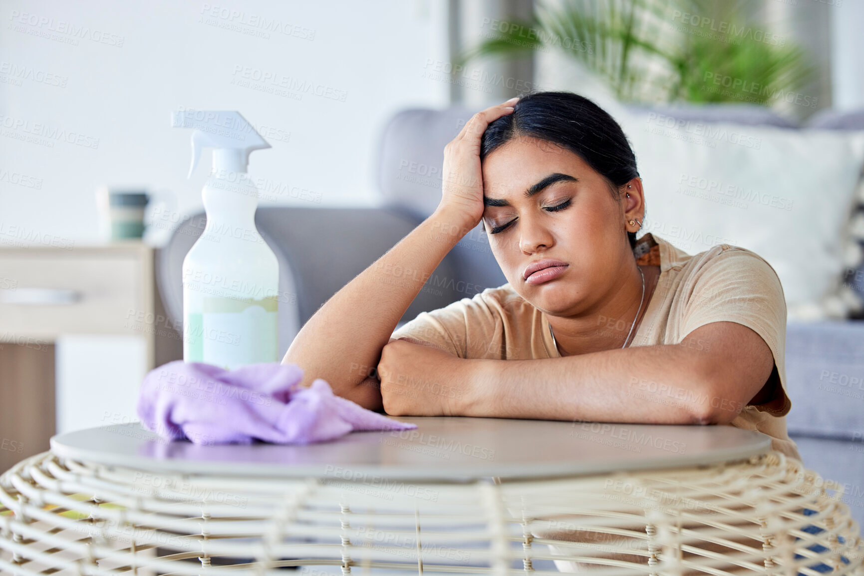 Buy stock photo Cleaning, burnout and bored with a woman in the living room of her home for hygiene or housework. Depression, tired and housekeeping with a frustrated female cleaner in an apartment domestic work