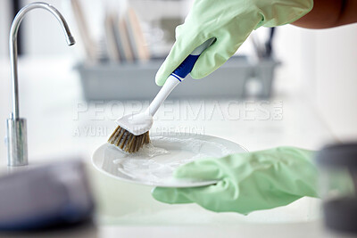 Buy stock photo Cleaning, kitchen and soap water with hands of woman cleaner to clean plate with a brush for hygiene. Maid service for washing dishes to wash away bacteria, dirt or virus in house, home or apartment