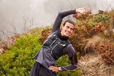 Buy stock photo Stretching, fitness and workout man in nature training, exercise or professional sports, runner and marathon. Happy, healthy and muscle warm up, energy of athlete hiking, cardio or wellness in forest