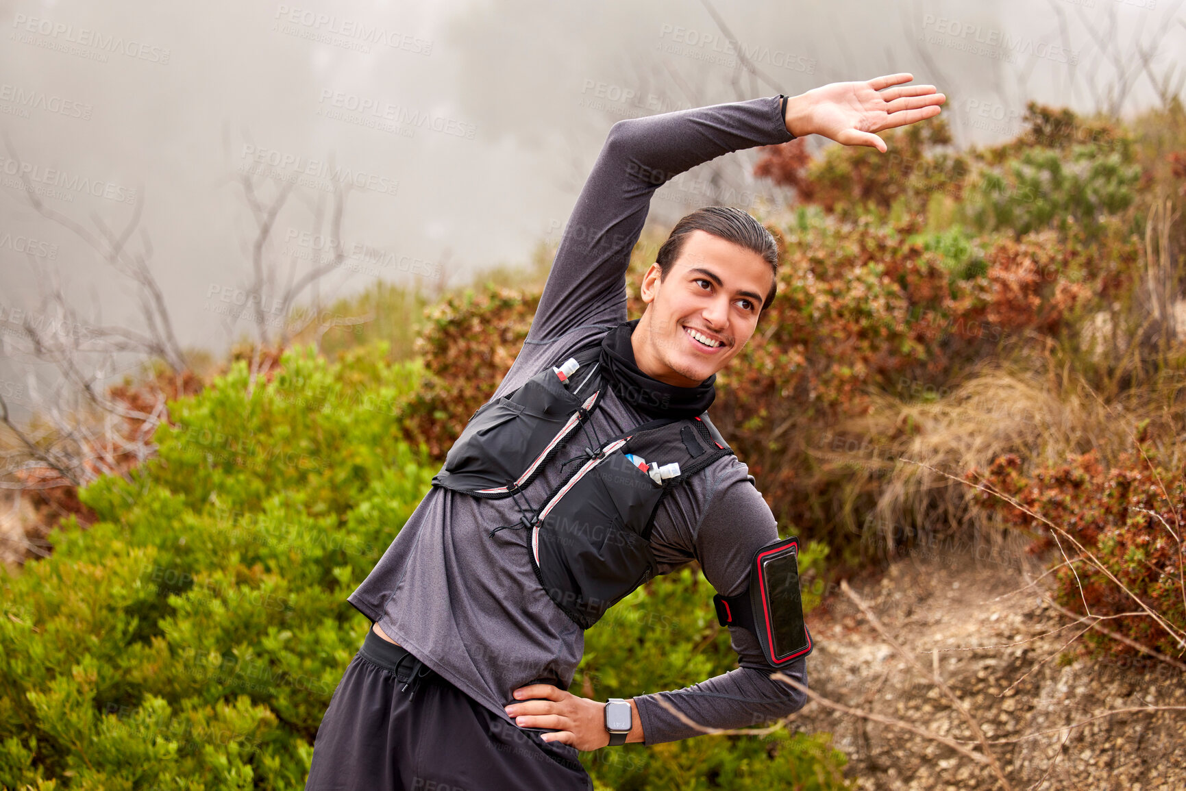 Buy stock photo Stretching, fitness and workout man in nature training, exercise or professional sports, runner and marathon. Happy, healthy and muscle warm up, energy of athlete hiking, cardio or wellness in forest