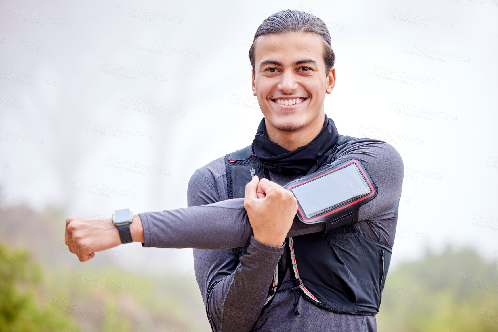 Buy stock photo Fitness, stretching and man in portrait with nature mockup for training, workout or running wellness and muscle health. Happy athlete with warm up for outdoor, park or forest sports, hiking or cardio