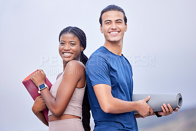 Buy stock photo Yoga, couple and holding mat outdoor with smile, teamwork and fitness goals for health, relax and peace. Black woman, man and happiness for exercise, training and mindfulness in nature for wellness