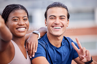 Buy stock photo Fitness, portrait or friends take a selfie with peace emoji in training, workout or exercise break to relax. Gym, black woman and personal trainer take pictures with a happy smile for social media