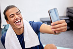 Fitness, man and laugh for selfie, social media or profile picture with towel after workout exercise or training at gym. Happy sporty male vlogger or influencer laughing in happiness for vlog post
