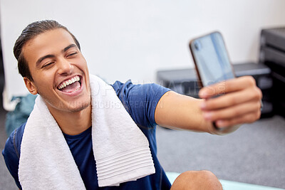Buy stock photo Fitness, man and laugh for selfie, social media or profile picture with towel after workout exercise or training at gym. Happy sporty male vlogger or influencer laughing in happiness for vlog post