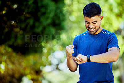 Buy stock photo Fitness, mockup and watch with a man cheering his progress as a runner on a cardio or endurance workout. Exercise, running and health with a male athlete celebrating a target or goal while training