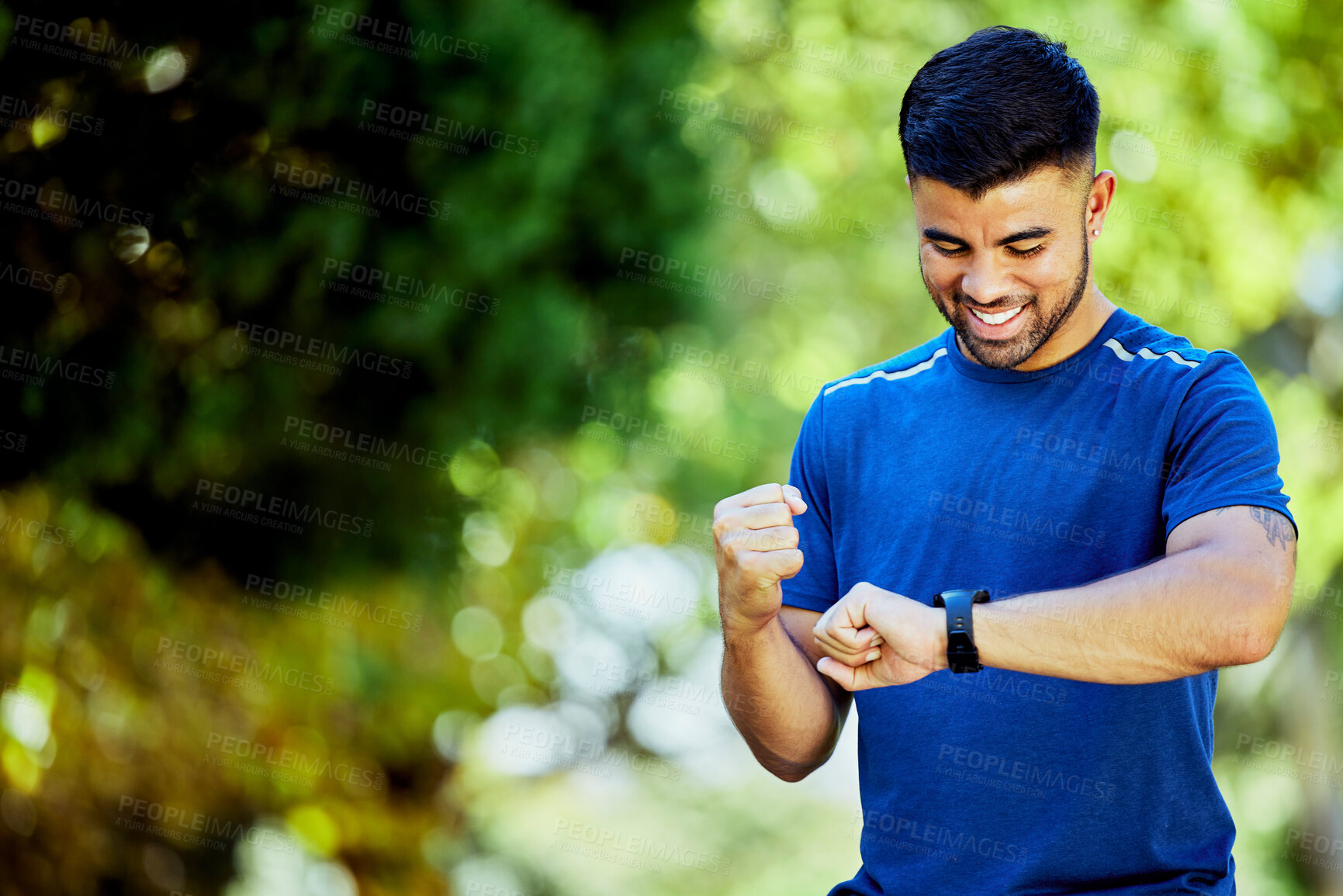 Buy stock photo Fitness, mockup and watch with a man cheering his progress as a runner on a cardio or endurance workout. Exercise, running and health with a male athlete celebrating a target or goal while training