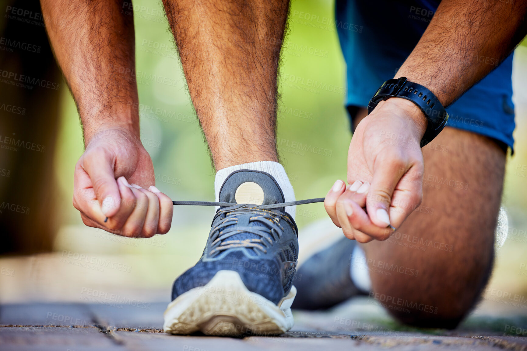 Buy stock photo Fitness, running and man tie shoes for exercise, marathon training and cardio workout in outdoor park. Sports, performance and zoom of runner with sneakers lace for wellness, healthy body and jog