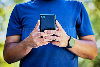 Buy stock photo Closeup, man and smartphone for typing, outdoor and connection for social media, share photos and search website. Zoom, male or gentleman with cellphone, communication, internet for email or chatting