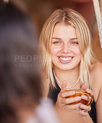 Buy stock photo Woman, friends and smile for coffee, conversation or chatting about social life or gossip at an outdoor cafe. Happy female smiling in happiness for warm beverage, discussion or talking to best friend