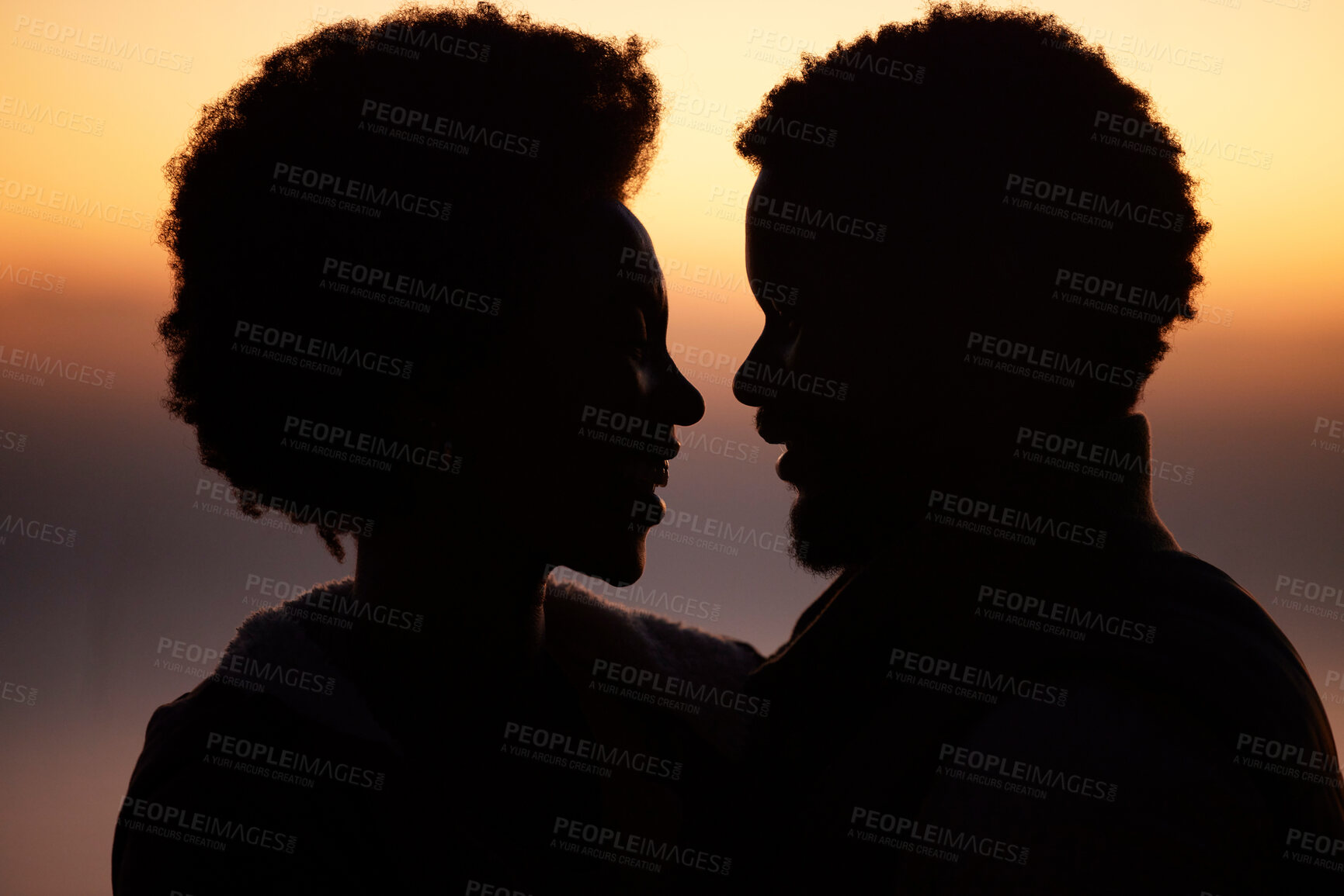 Buy stock photo Sunset, love and silhouette of black couple in nature for romance, bonding and happiness. Sunrise, travel and summer break with man and woman hugging for affection, passion and smile on vacation