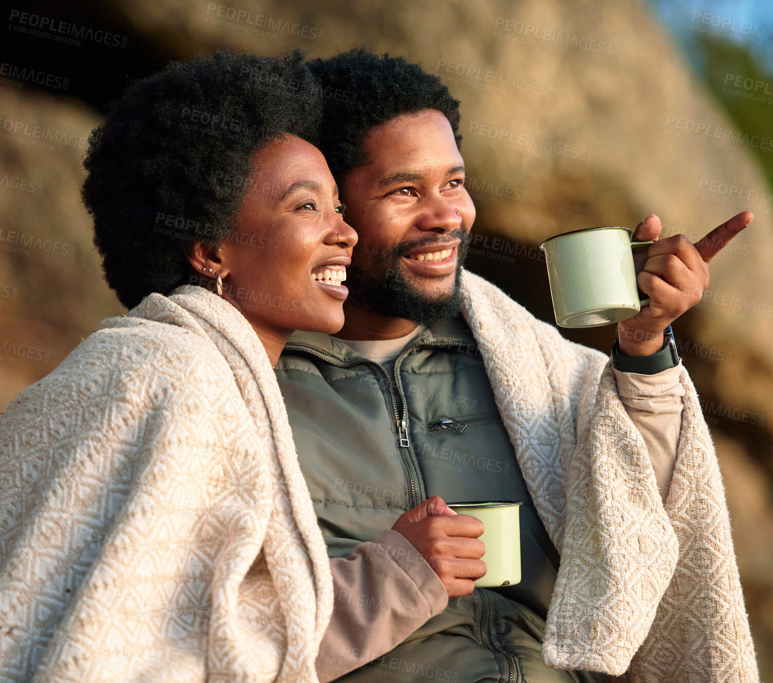 Buy stock photo Relax, pointing and camping with black couple and coffee for wake up, hiking and sunrise. Nature, calm and adventure with man and woman and blanket in nature for trekking, mountaineering or discovery