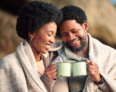 Buy stock photo Relax, toast and camping with black couple and coffee for wake up, hiking and sunrise. Nature, calm and adventure with man and woman and blanket in nature for trekking, mountaineering and discovery 