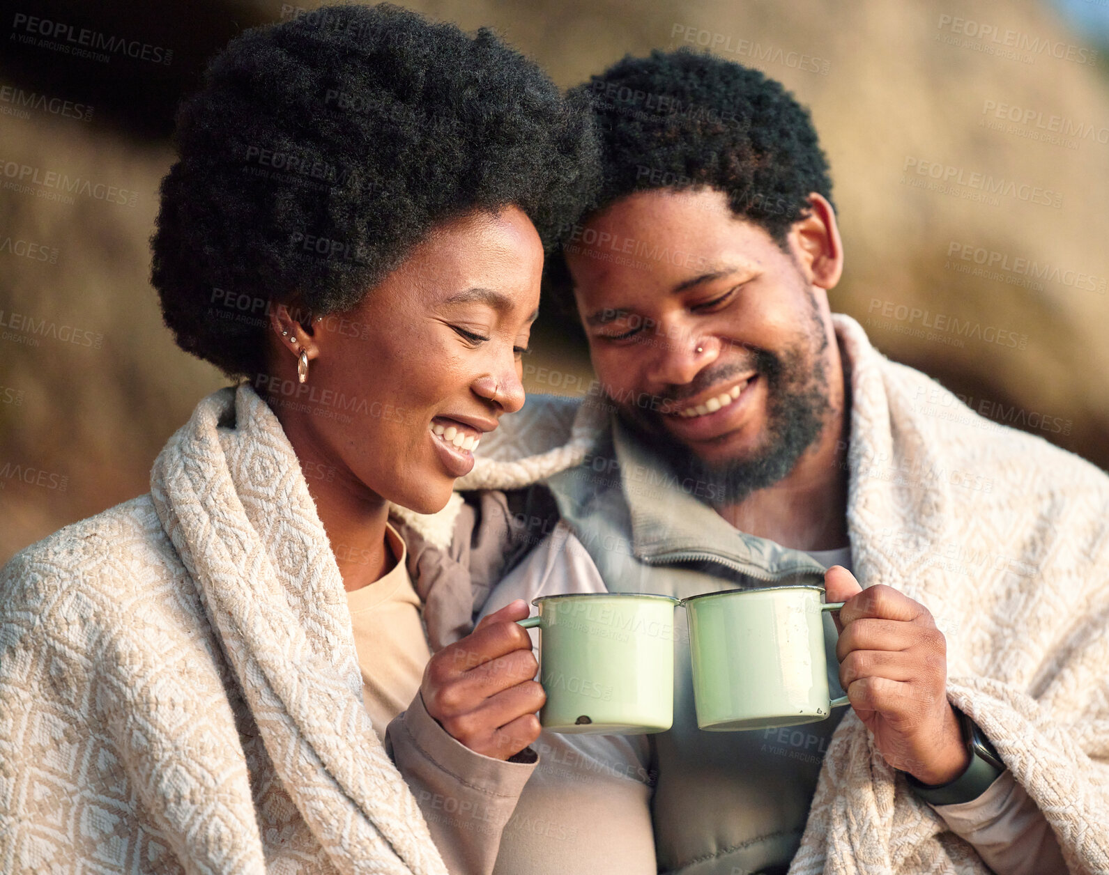 Buy stock photo Relax, toast and camping with black couple and coffee for wake up, hiking and sunrise. Nature, calm and adventure with man and woman and blanket in nature for trekking, mountaineering and discovery 