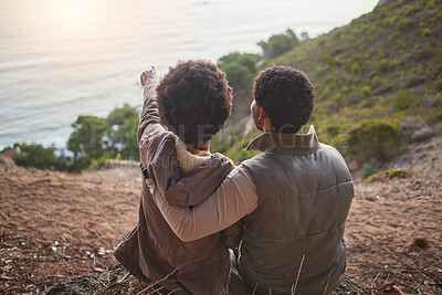 Buy stock photo Relax, ocean and hiking with black couple on mountain for adventure, nature and sunrise. Peace, discovery and expedition with man and woman hiker on path for trekking, freedom and travel vacation