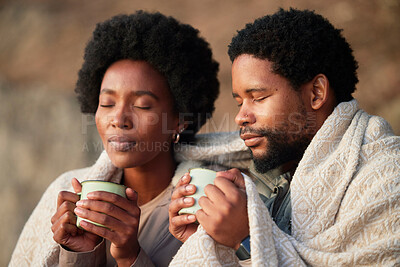 Buy stock photo Relax, peace and camping with black couple and coffee for wake up, hiking and sunrise. Nature, calm and adventure with man and woman and blanket in nature for trekking, mountaineering and discovery 