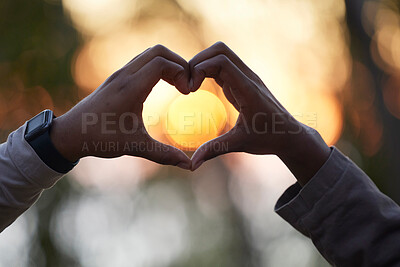 Buy stock photo Heart hands, closeup and outdoor for love, support and partnership for marriage, anniversary and commitment. Romance, couple and gesture for bonding, dating and romantic together and relationship