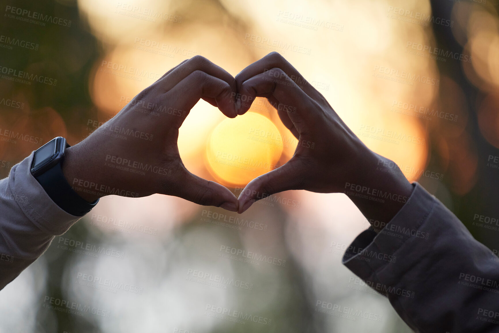 Buy stock photo Heart hands, closeup and outdoor for love, support and partnership for marriage, anniversary and commitment. Romance, couple and gesture for bonding, dating and romantic together and relationship